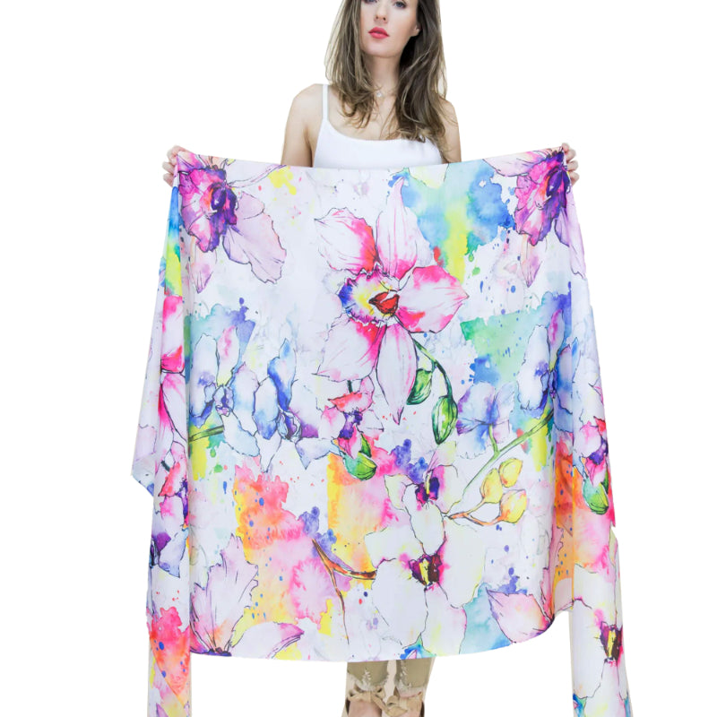 Watercolor Scarf, Pink Satin Shawl, Hand-Painted Wrap, Blossom Scarf, Artisan Shawl, Floral Satin, Painted Scarf, Unique Shawl, Pastel Wrap, Eco Satin Scarf, Art Shawl, Satin Bloom Wrap, Crafted Scarf