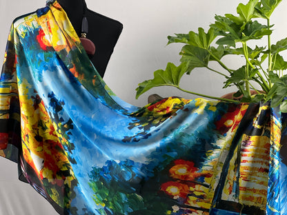 Art Print Scarf, Blue Satin Wrap, Orange Necktie, Handmade Shawl, Soft Art Scarf, Chic Silk Feel, Vintage Design, Colorful Wrap, Abstract Shawl, Crafted Scarf, Boho Neckwear, Painterly Scarf, Unique Satin