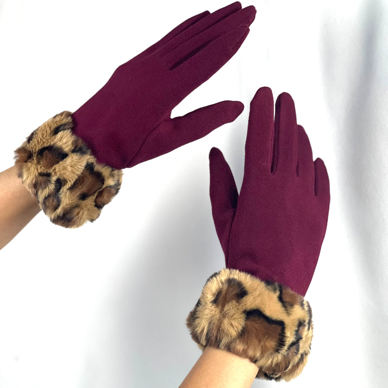 Faux Fur Trim, Suede Texture, Winter Gloves, Leopard Print, Warm Accessory, Fashion Gloves, Soft Handwear, Animal Pattern, Elegant Design, Luxury Feel, Cold Weather, Stylish Gloves, Comfort Fit