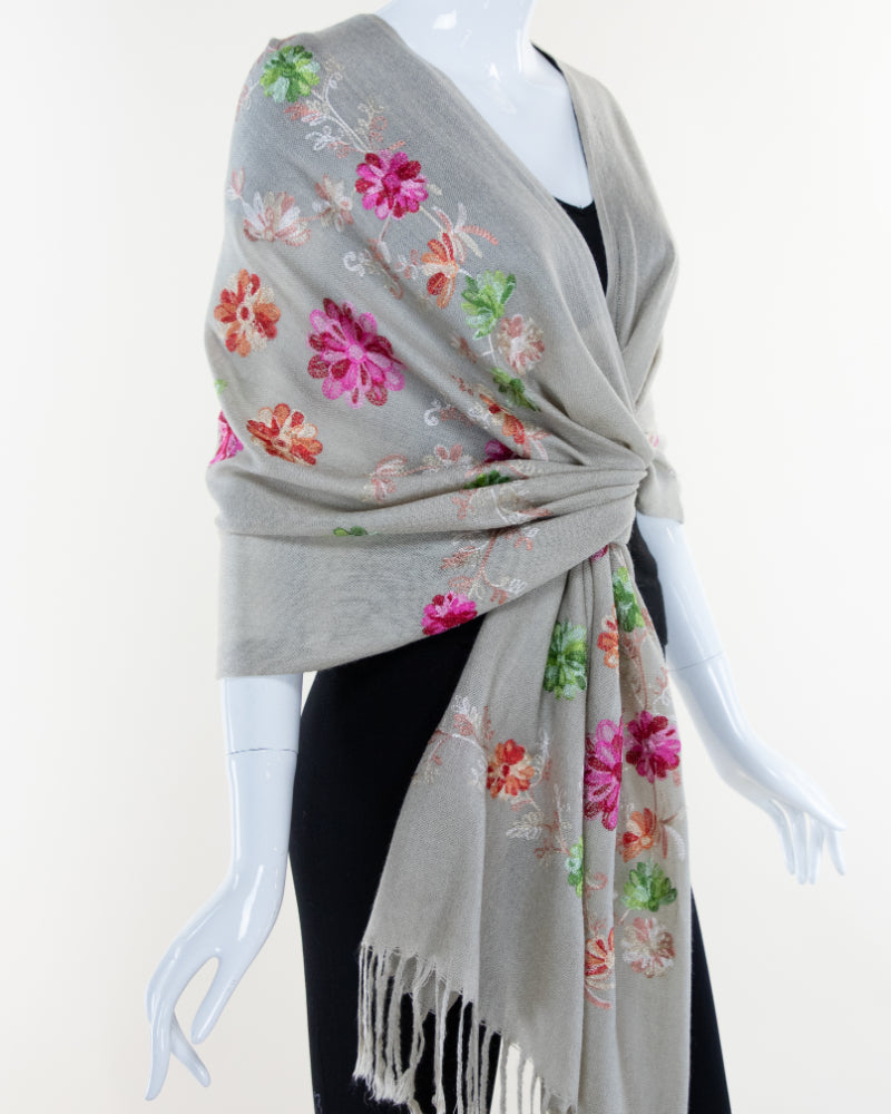 Embroidered Scarf, Floral Shawl, Gray Wool Wrap, Soft Fringe Scarf, Boho Chic Wrap, Artisan Scarf, Winter Accessory, Light Gray Scarf, Hand Stitched, Fashion Shawl, Bohemian Scarf, Gift for Her, Elegant Wrap