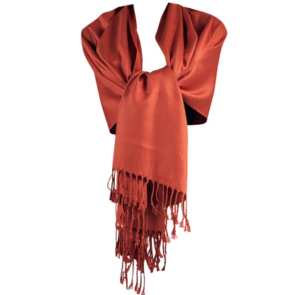 Rust Pashmina, Cashmere-Feel, Fringe Shawl, Rustic Color, Classic Wrap, Soft and Warm, Versatile Accessory, Earthy Hue, Autumn Shawl, Stylish Comfort, Luxurious Texture, Elegant Draping, Seasonal Staple