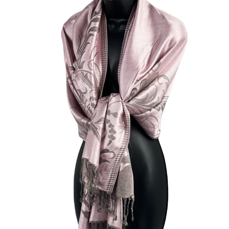 Pink Pashmina, Gray Floral, Fringed Wrap, Elegant Shawl, All-Season, Feminine Chic, Timeless Style, Soft Touch, Lightweight Warmth, Versatile Fashion, Artistic Design, Luxury Gift, Sophisticated Look