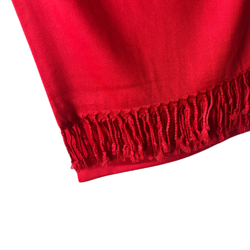 Red Shawl, Pashmina, Cashmere-Feel, Elegant Tassels, Timeless Elegance, Bold Red, Soft Wrap, Luxurious Warmth, Versatile Style, Vibrant Color, Sophisticated Accessory, Quality Craftsmanship, Wardrobe Staple