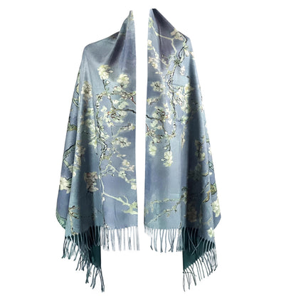 Blue Art Scarf, Blossom Print, Flowy Accessory, Silk Wrap, Elegant Drapery, Fashion Scarf, Statement Piece, Spring Fashion, Painterly Scarf, Vibrant Wear, Artistic Shawl, Chic Accessory, Blossom Pattern