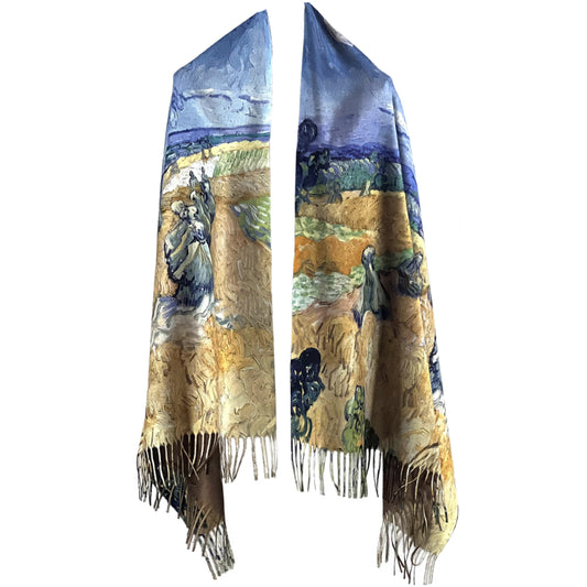 Harvest Art Scarf, Reaper Shawl, Field Wrap, Handmade Scarf, Vintage Shawl, Pastoral Wrap, Artisan Scarf, Rustic Shawl, Field Art Wrap, Gold Blue Scarf, Country Scarf, Wheat Shawl, Craft Scarf