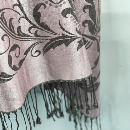 Pink Pashmina, Gray Floral, Fringed Wrap, Elegant Shawl, All-Season, Feminine Chic, Timeless Style, Soft Touch, Lightweight Warmth, Versatile Fashion, Artistic Design, Luxury Gift, Sophisticated Look