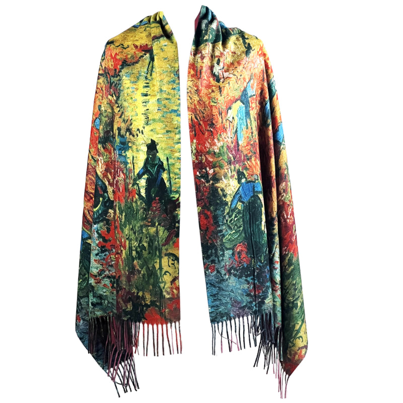 Art Print Scarf, Van Gogh Shawl, Red Art Wrap, Painted Scarf, Arles Shawl, Craft Scarf, Gallery Wrap, Vintage Scarf, Artisan Shawl, Painter Scarf, Harvest Wrap, Unique Shawl, Fringe Scarf