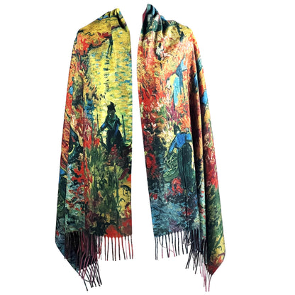 Art Print Scarf, Van Gogh Shawl, Red Art Wrap, Painted Scarf, Arles Shawl, Craft Scarf, Gallery Wrap, Vintage Scarf, Artisan Shawl, Painter Scarf, Harvest Wrap, Unique Shawl, Fringe Scarf