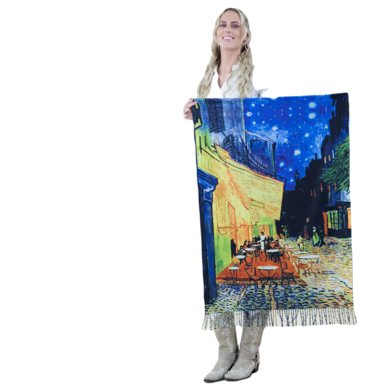 Van Gogh Scarf, Art Wrap, Night Café, Starry Print, Elegant Wrap, Paint Scarf, Artisan Shawl, Vintage Style, Handmade, Gift Scarf, Chic Accessory, Impressionist, Soft Scarf