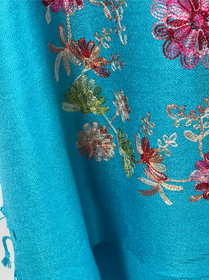 Turquoise Scarf, Floral Shawl, Embroidery, Handmade Wrap, Boho Chic Scarf, Artisan Shawl, Fringed Scarf, Bright Wrap, Eco Textile, Soft Wool Blend, Gift for Her, Vibrant Accessory, Unique Embroidery