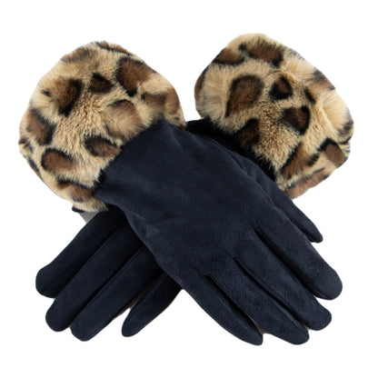 Faux Fur Trim, Suede Texture, Winter Gloves, Leopard Print, Warm Accessory, Fashion Gloves, Soft Handwear, Animal Pattern, Elegant Design, Luxury Feel, Cold Weather, Stylish Gloves, Comfort Fit