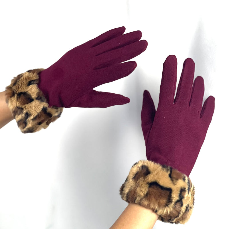 Faux Fur Trim, Suede Texture, Winter Gloves, Leopard Print, Warm Accessory, Fashion Gloves, Soft Handwear, Animal Pattern, Elegant Design, Luxury Feel, Cold Weather, Stylish Gloves, Comfort Fit