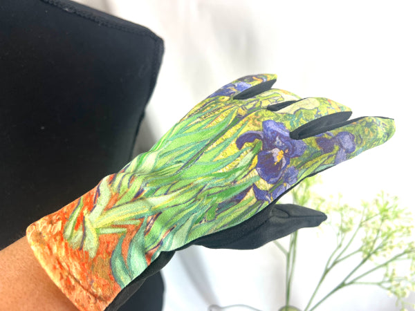 Iris Gloves, Floral Handwear, Artist Gloves, Garden Mitts, Botanical Glove, Blue Green Grip, Touch Glove Art, Eco Chic Gloves, Bloom Gloves, Painted Gloves, Craft Gloves, Art Wear Mitts, Iris Touchwear