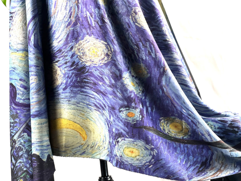 Van Gogh Scarf, Art Shawl, Night Wrap, Fringe Scarf, Star Scarf, Celestial Shawl, Crafted Wrap, Artisan Scarf, Sky Drapery, Boho Scarf, Vintage Wrap, Painter Scarf, Blue Art Shawl