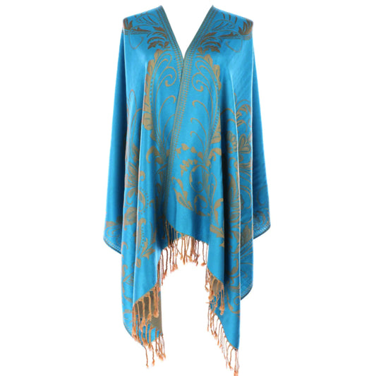 Aqua Pashmina, Gold Detail, Fringed Shawl, Elegant Wrap, Soft Drapery, Luxurious Feel, Chic Accessory, Turquoise Shawl, Metallic Accent, Fashion Scarf, Versatile Wear, Sophisticated, Lightweight Wrap