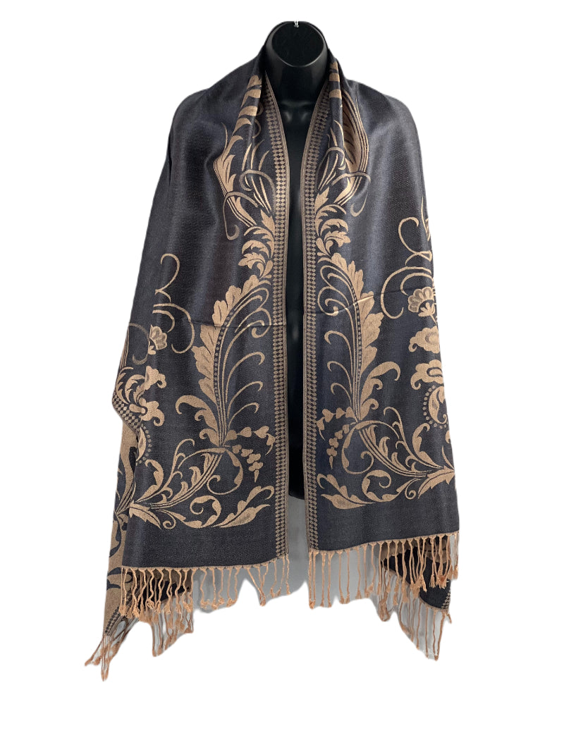 Blue Shawl, Pashmina, Gold Embroidery, Fringed Wrap, Royal Elegance, Luxurious Texture, Sophisticated Style, Classic Embellishment, Versatile Accessory, Evening Chic, Regal Fashion, Timeless Appeal, Warmth & Style