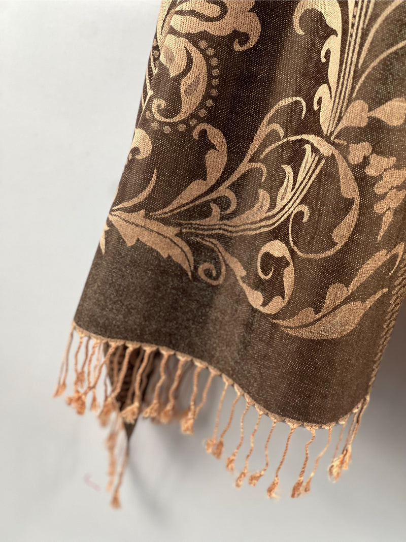 Brown Shawl, Pashmina Wrap, Tan Florals, Fringed Elegance, Elegant Layering, Classic Accessory, Sophisticated Style, Versatile Fashion, Timeless Design, Warm Comfort, Chic Wrap, Autumn Scarf, Luxe Texture