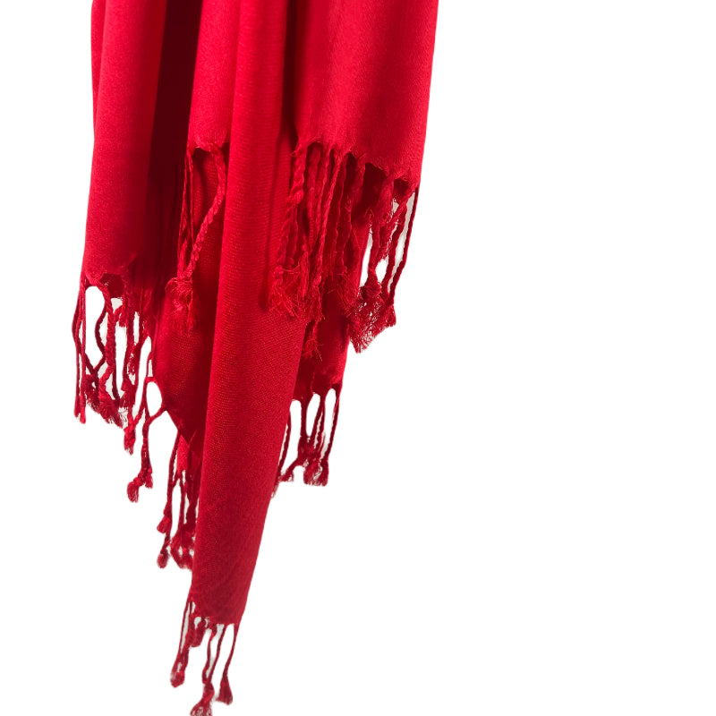 Red Shawl, Pashmina, Cashmere-Feel, Elegant Tassels, Timeless Elegance, Bold Red, Soft Wrap, Luxurious Warmth, Versatile Style, Vibrant Color, Sophisticated Accessory, Quality Craftsmanship, Wardrobe Staple