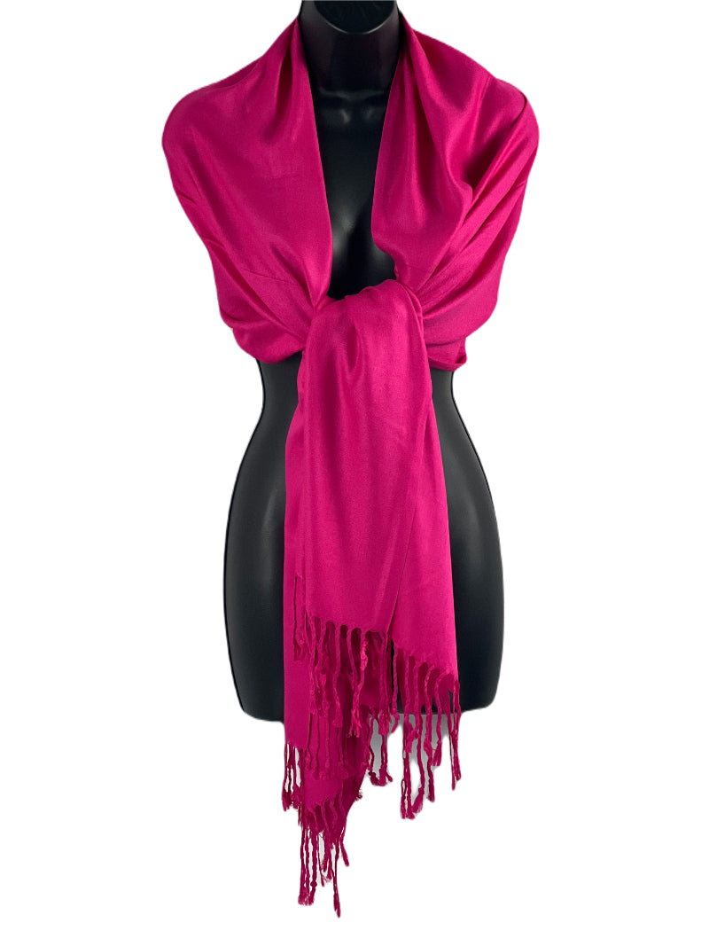 Fuchsia Shawl, Pashmina Wrap, Cashmere-Feel, Luxurious Tassels, Vibrant Elegance, Soft Texture, Bold Color, Chic Accessory, Versatile Fashion, Cozy Warmth, Stylish Comfort, Quality Fabric, Eye-Catching Design