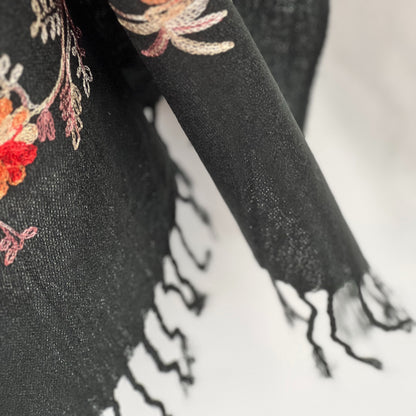 Black Scarf, Embroidered Wrap, Floral Shawl, Artisan Scarf, Fringe Shawl, Hand Stitched, Boho Scarf, Vintage Style, Eco Chic Wrap, Unique Shawl, Soft Scarf, Crafted Shawl, Gift Scarf