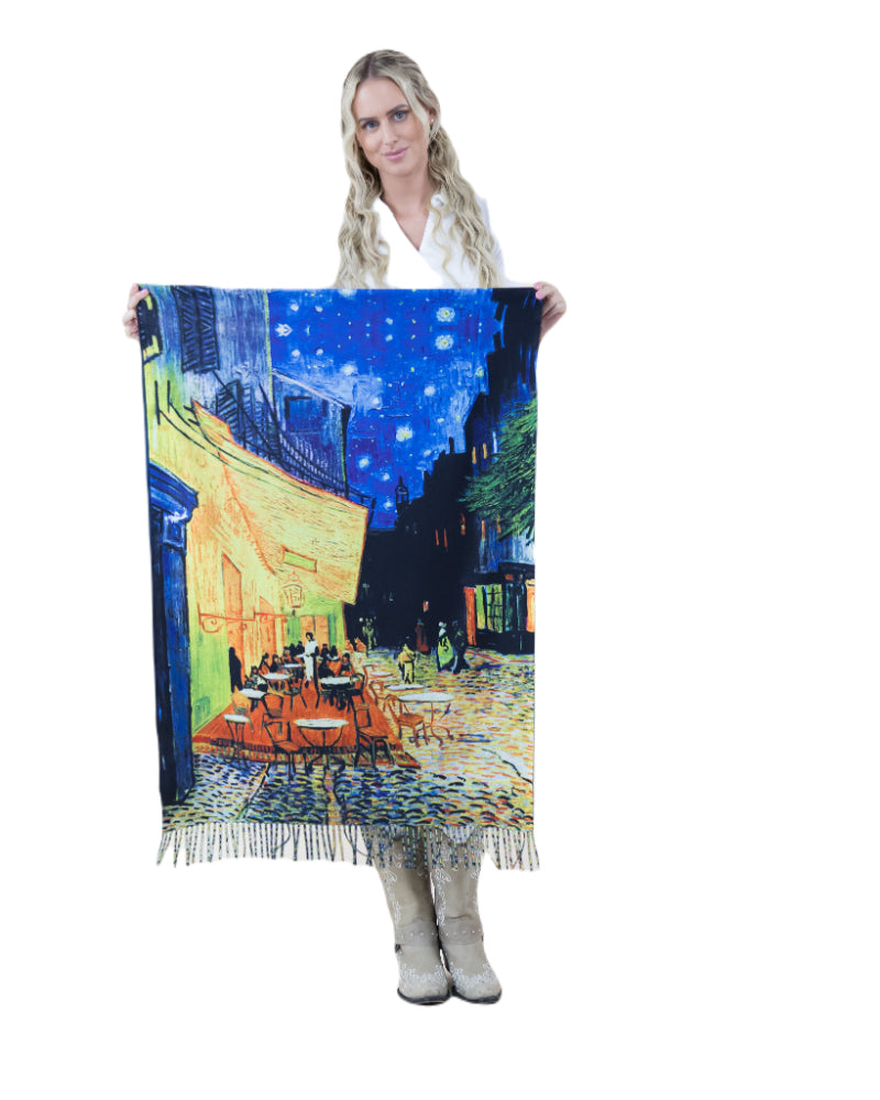 Van Gogh Scarf, Art Wrap, Night Café, Starry Print, Elegant Wrap, Paint Scarf, Artisan Shawl, Vintage Style, Handmade, Gift Scarf, Chic Accessory, Impressionist, Soft Scarf