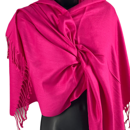 Fuchsia Shawl, Pashmina Wrap, Cashmere-Feel, Luxurious Tassels, Vibrant Elegance, Soft Texture, Bold Color, Chic Accessory, Versatile Fashion, Cozy Warmth, Stylish Comfort, Quality Fabric, Eye-Catching Design