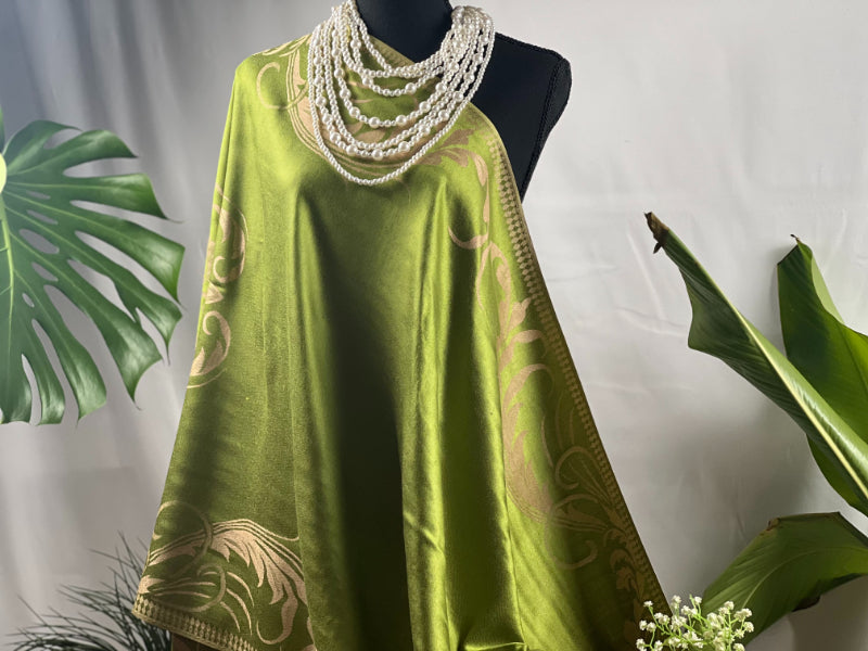 Green Pashmina, Cream Florals, Fringed Elegance, Shawl Wrap, Serene Accessory, Soft Luxury, Versatile Fashion, Nature-Inspired, Elegant Embellishment, Stylish Comfort, Traditional Craft, Contemporary Chic, Garden Fresh