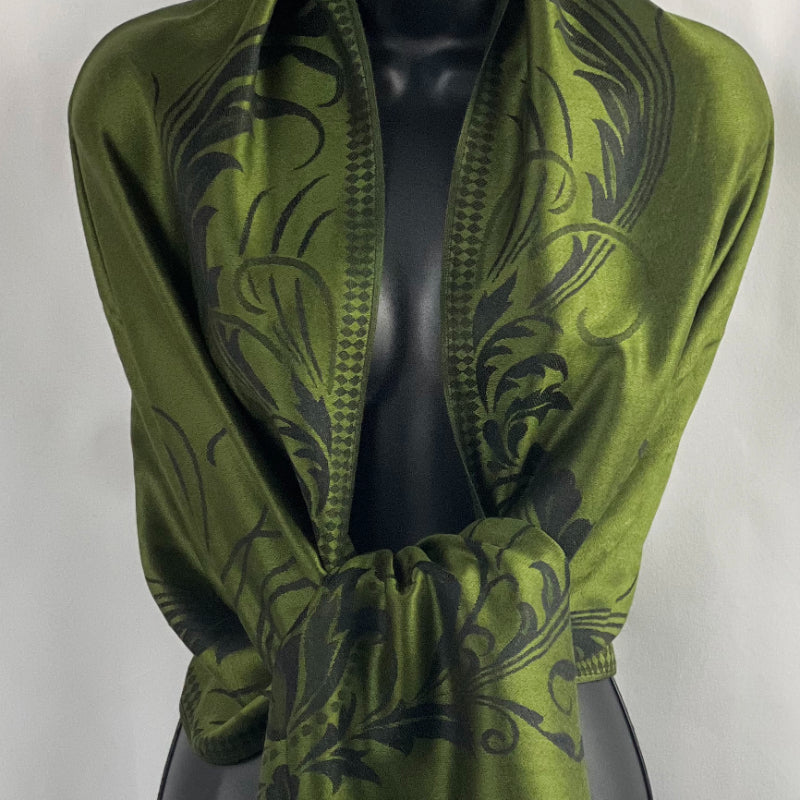 Emerald Shawl, Pashmina, Dark Floral, Green Wrap, Fringed Scarf, Timeless Elegance, Sophisticated Style, Soft Comfort, Versatile Accessory, Elegant Design, Chic Layering, Luxurious Texture, Classic Beauty