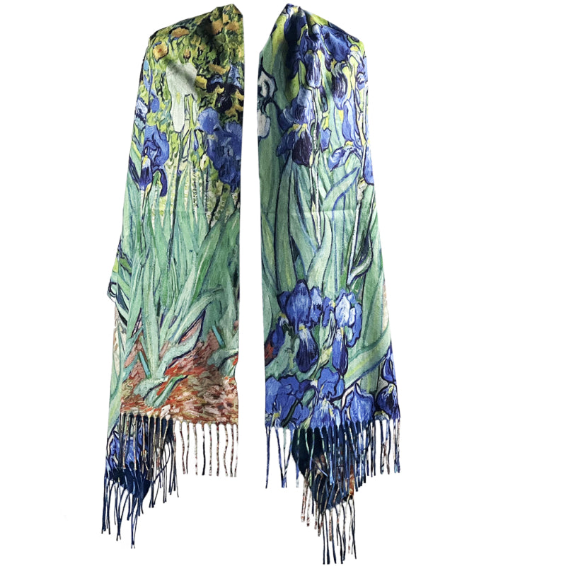 Floral Silk Scarf, Iris Print Wrap, Blue Art Shawl, Spring Accessory, Painterly Scarf, Elegant Drapery, Blossom Design, Luxe Silk Wear, Artistic Wrap, Fashion Statement, Vibrant Shawl, Garden Motif, Stylish Cover-up