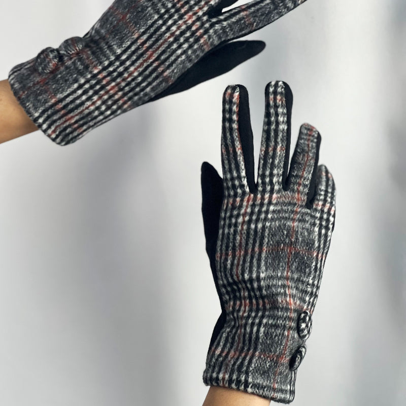 Handmade Gloves, Plaid Winter Wear, Touch Tech Ready, Eco Friendly, Warm Accessories, Gray Checkered, Soft Lined, Custom Fit, Fashion Gloves, Artisan Crafted, Women's Gloves, Elegant Warmth, Unique Gift Item