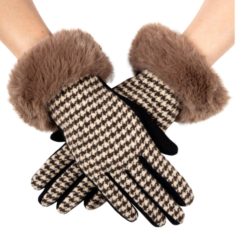 Houndstooth Glove, Faux Fur Cuff, Khaki Gloves, Touchscreen Glove, Vintage Gloves, Chic Winterwear, Soft Handwear, Retro Accessory, Patterned Gloves, Warm Gloves, Elegant Gloves, Fur Trim Gloves, Stylish Gloves