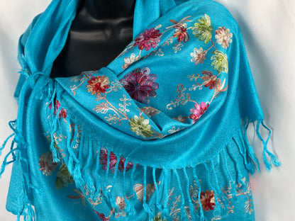 Turquoise Scarf, Floral Shawl, Embroidery, Handmade Wrap, Boho Chic Scarf, Artisan Shawl, Fringed Scarf, Bright Wrap, Eco Textile, Soft Wool Blend, Gift for Her, Vibrant Accessory, Unique Embroidery