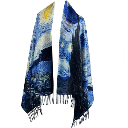 Van Gogh Scarf, Art Shawl, Night Wrap, Fringe Scarf, Star Scarf, Celestial Shawl, Crafted Wrap, Artisan Scarf, Sky Drapery, Boho Scarf, Vintage Wrap, Painter Scarf, Blue Art Shawl