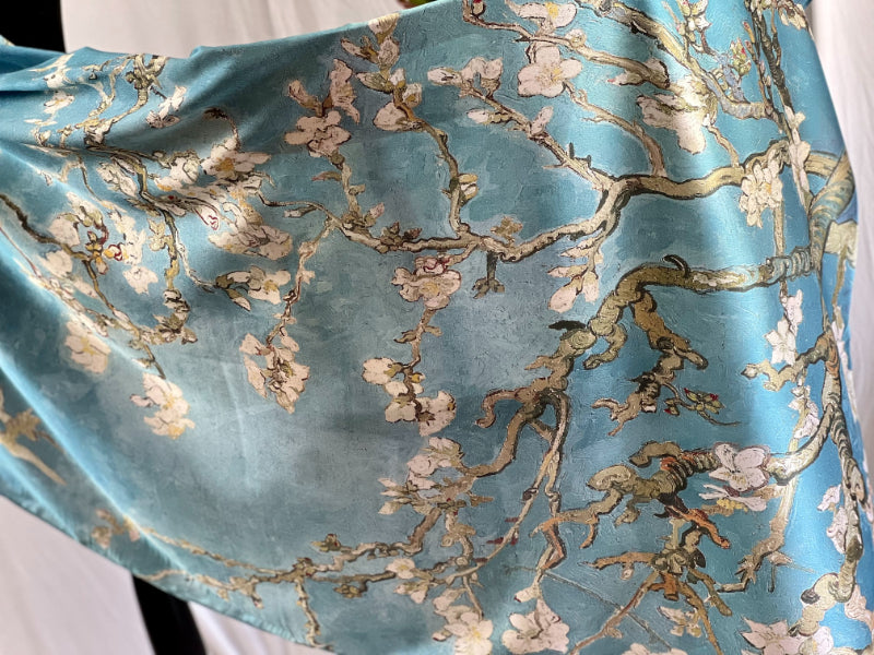 Blossom Satin Scarf, Teal Art Shawl, Handmade Wrap, Van Gogh Scarf, Floral Satin Shawl, Crafted Scarf, Artisan Shawl, Blossom Wrap, Satin Teal Scarf, Eco Art Scarf, Unique Teal Wrap, Spring Scarf, Painted Shawl