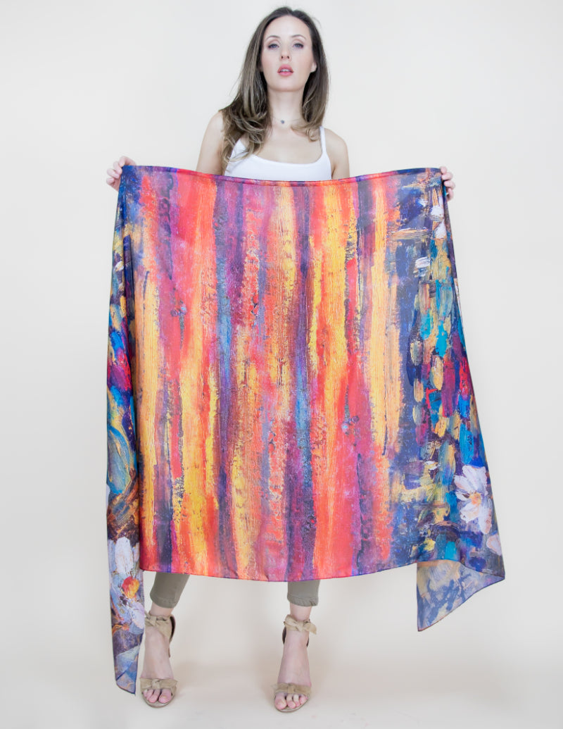 Sunset Art Scarf, Handpainted Shawl, Red Satin Wrap, Artisan Scarf, Dusk Satin Shawl, Twilight Scarf, Orange Scarf Wrap, Painted Satin, Eco Satin Scarf, Unique Dye Scarf, Watercolor Wrap, Evening Shawl, Crafted Scarf