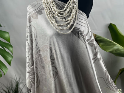 Silver Shawl, Pashmina Wrap, Fringe Detail, Floral Pattern, Elegant Scarf, Soft Accessory, Gray Embroidery, Luxe Drapery, Chic Cover-up, Winter Fashion, Sophisticated, Timeless Style, Versatile Wear