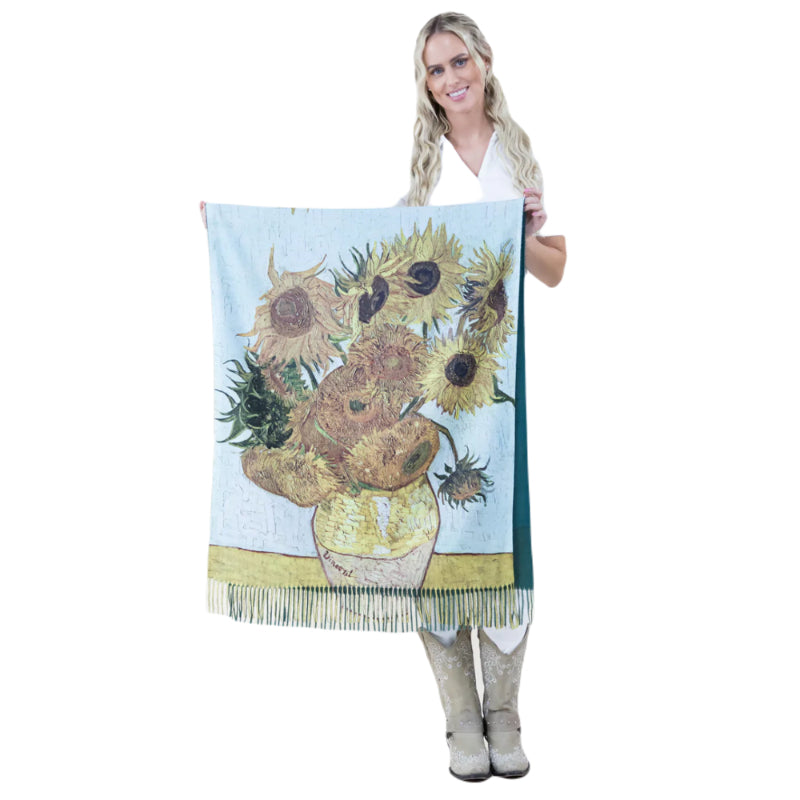 Sunflower ShawlVersatile Shawl,Art Print Scarf,Floral Accessory,Boho Chic Wrap,Nature Scarf,Eco-Friendly Scarf,Botanical Shawl,Painterly Scarf,Soft Fringed Wrap,Artisan Scarf,Seasonal Scarf,Unique Floral Wrap