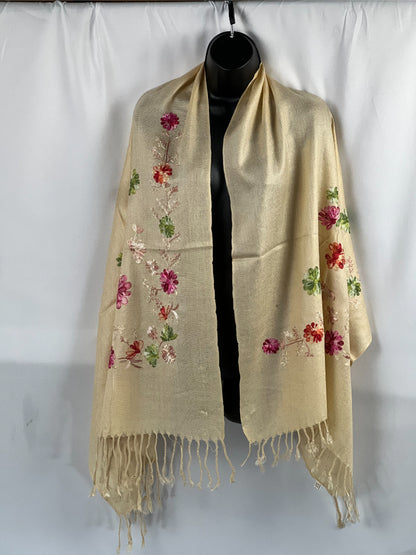 Camel Shawl, Floral Scarf, Embroidery Wrap, Tassel Fringe, Soft Pashmina, Boho Chic Wrap, Artisan Scarf, Vintage Look, Warm Wrap, Neutral Scarf, Handmade Shawl, Elegant Wrap, Unique Scarf