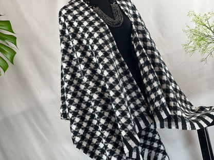 Ruana Wrap, Houndstooth, Poncho, Artisanal, Handcrafted, One Size, Black White, Versatile, Classic, Cozy, Boutique, Timeless, Elegant