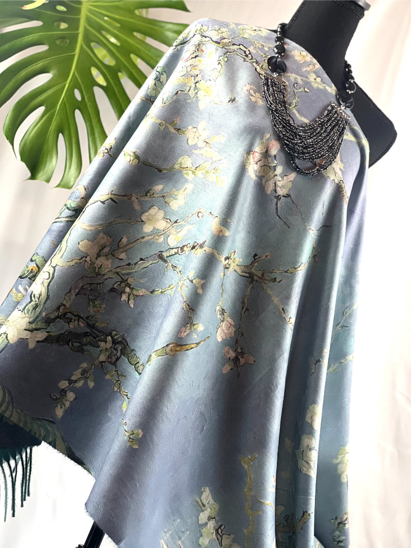 Blue Art Scarf, Blossom Print, Flowy Accessory, Silk Wrap, Elegant Drapery, Fashion Scarf, Statement Piece, Spring Fashion, Painterly Scarf, Vibrant Wear, Artistic Shawl, Chic Accessory, Blossom Pattern