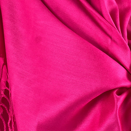 Fuchsia Shawl, Pashmina Wrap, Cashmere-Feel, Luxurious Tassels, Vibrant Elegance, Soft Texture, Bold Color, Chic Accessory, Versatile Fashion, Cozy Warmth, Stylish Comfort, Quality Fabric, Eye-Catching Design