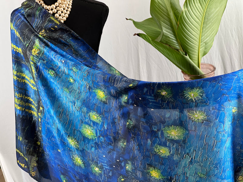 Art Scarf, Van Gogh Wrap, Satin Shawl, Starry Night, Rhone Scarf, Blue Scarf, Luxe Accessory, Handmade Wrap, Vintage Style, Soft Neckwear, Chic Scarf, Gift Scarf, Unique Satin