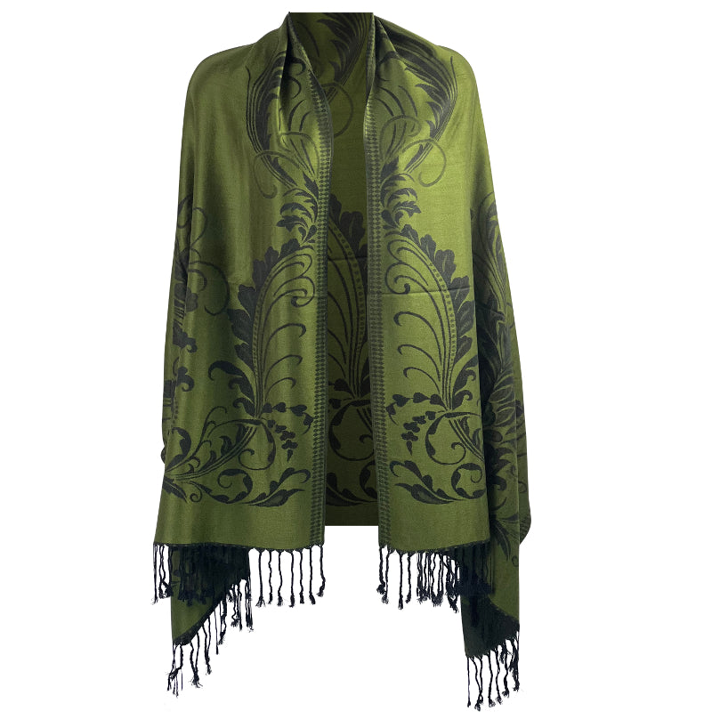 Emerald Shawl, Pashmina, Dark Floral, Green Wrap, Fringed Scarf, Timeless Elegance, Sophisticated Style, Soft Comfort, Versatile Accessory, Elegant Design, Chic Layering, Luxurious Texture, Classic Beauty