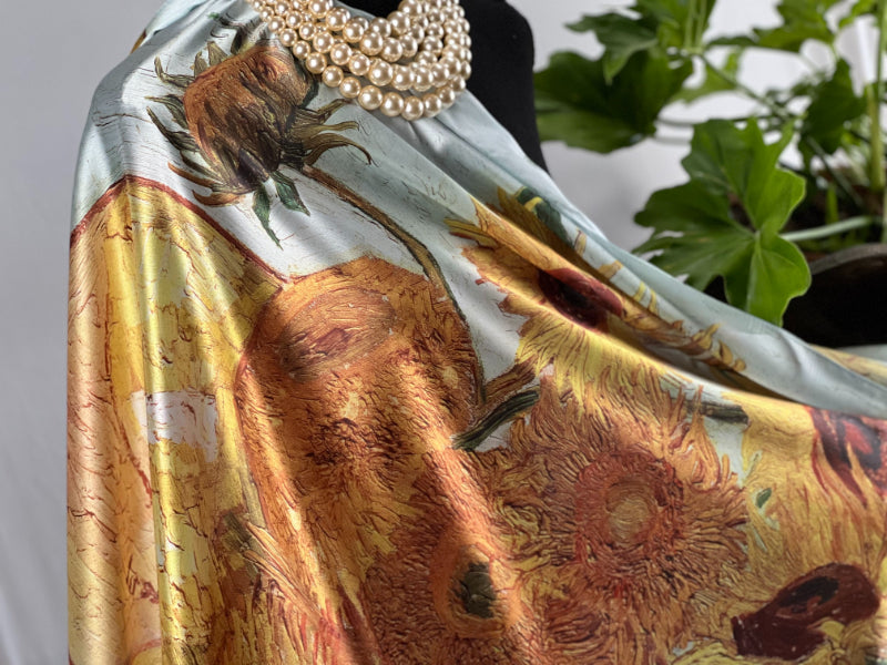 Sunflower Scarf, Satin Shawl, Turquoise Wrap, Handmade Scarf, Floral Shawl, Golden Wrap, Artisan Scarf, Vintage Scarf, Satin Wrap, Eco-Friendly Scarf, Elegant Shawl, Nature Scarf, Crafted Wrap