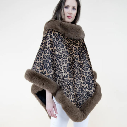 Leopard Poncho, Faux Fur Trim, Suede Cape, Handmade Wrap, Chic Shawl, Animal Print, Eco Chic Cape, Luxe Outerwear, Boho Poncho, Vintage Style, Trendy Wrap, Artisan Shawl, Fashion Cape