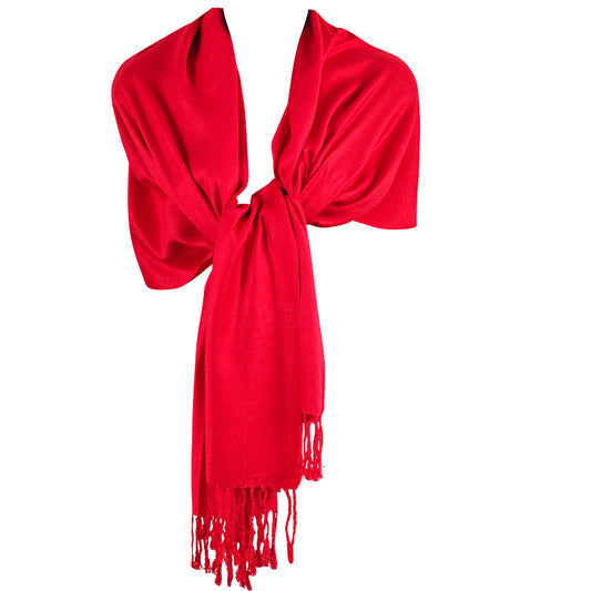 Red Shawl, Pashmina, Cashmere-Feel, Elegant Tassels, Timeless Elegance, Bold Red, Soft Wrap, Luxurious Warmth, Versatile Style, Vibrant Color, Sophisticated Accessory, Quality Craftsmanship, Wardrobe Staple