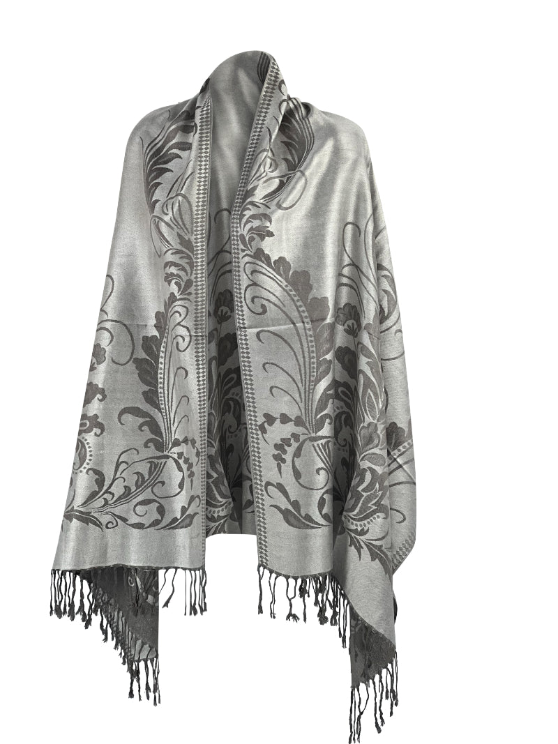 Silver Shawl, Pashmina Wrap, Fringe Detail, Floral Pattern, Elegant Scarf, Soft Accessory, Gray Embroidery, Luxe Drapery, Chic Cover-up, Winter Fashion, Sophisticated, Timeless Style, Versatile Wear