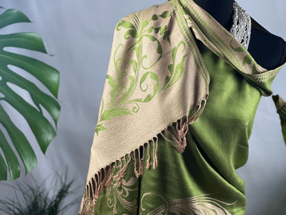 Green Pashmina, Cream Florals, Fringed Elegance, Shawl Wrap, Serene Accessory, Soft Luxury, Versatile Fashion, Nature-Inspired, Elegant Embellishment, Stylish Comfort, Traditional Craft, Contemporary Chic, Garden Fresh