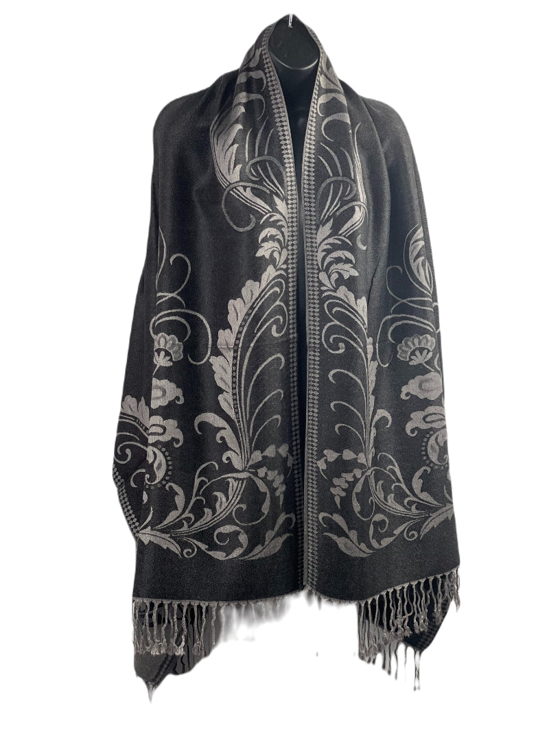 Charcoal Shawl, Silver Motifs, Pashmina Wrap, Floral Elegance, Fringed Scarf, Classic Accessory, Versatile Style, Cozy Warmth, Sophisticated Chic, Understated Glamour, Evening Wear, Daytime Sophistication, Plush Comfort