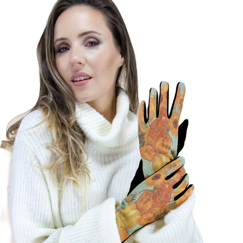 Sunflower Gloves, Artisan Gloves, Touchscreen Mitts, Crafted Handwear, Floral Gloves, Gold Hand Gloves, Turquoise Mitts, Painted Gloves, Botanical Wear, Handmade Mittens, Art Gloves, Garden Gloves, Chic Handwear